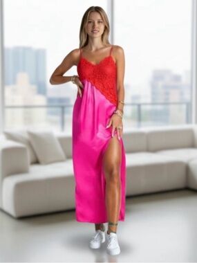TOPSHOP Pink Lace-Trim Slip Maxi Dress